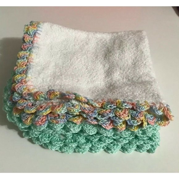 Set Of 4 Handmade White Towels With Aqua Crochet Edge. 11x11 Inches. - Picture 8 of 8